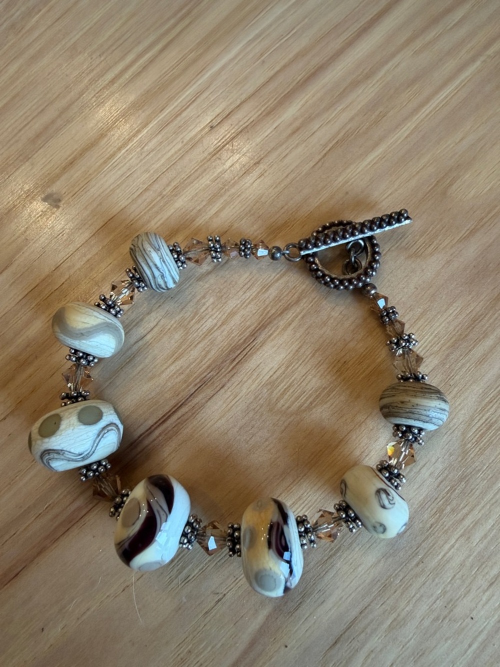 Bracelet Toggle Antique Silver Tone Neutral Tone Clay Beads Like New